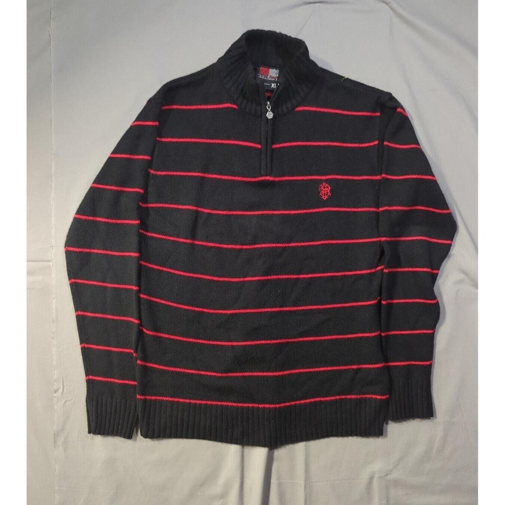 Southpole Mens XL Quarter Zip‎ Striped Sweater Black Red Mock Neck Knit Pullover